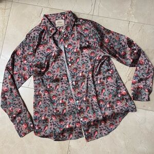 Elie Tahari Blouse Small Floral Shimmer Mauve Red Button Up Long Sleeve